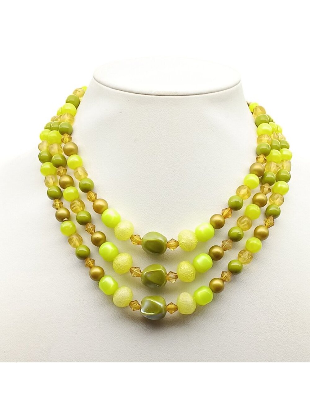 Vintage Multi-Strand Beaded Necklace in Green & Yellow Tones with Gold Accents